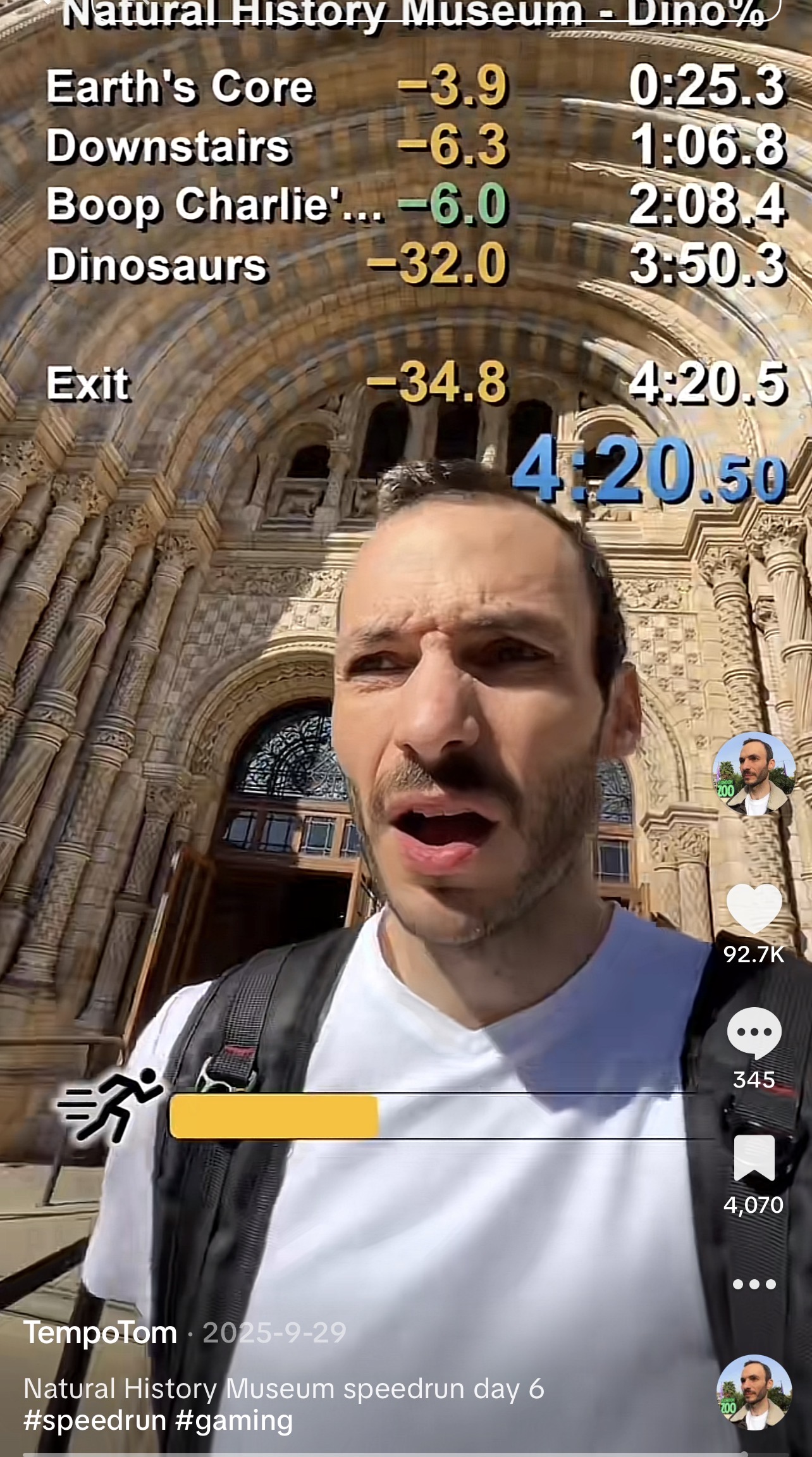 TempoTom Natural History Museum speedrun video showing 92.7 thousand likes, 345 comments and 4,070 saves